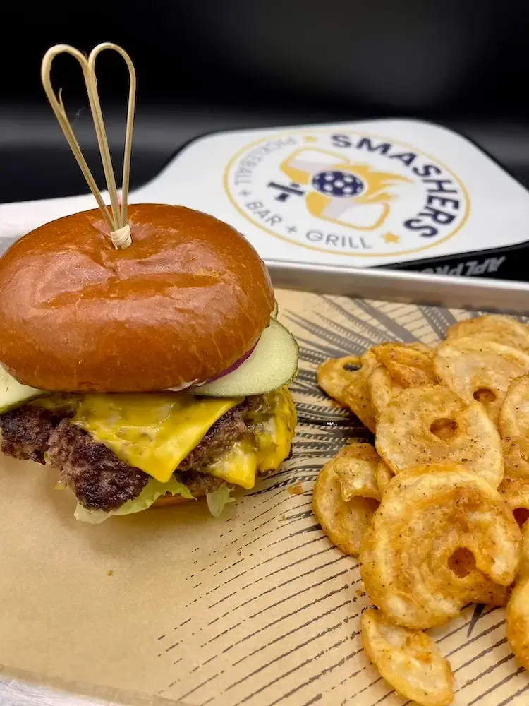 single smash burger with swirl fries
